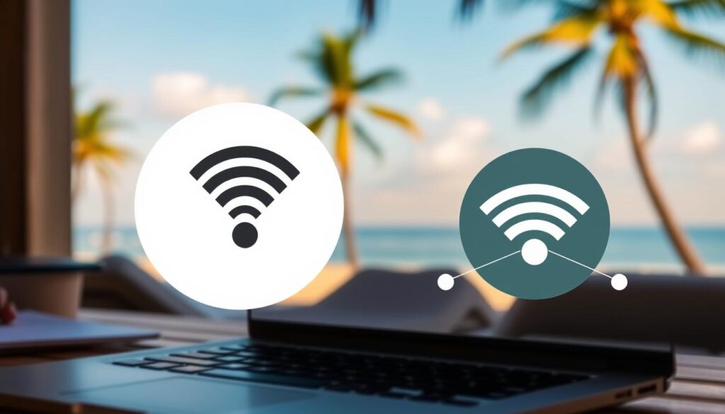 A secure HTTPS connection is displayed prominently in the foreground, with a laptop screen showing a website URL starting with "https://". In the middle ground, a public Wi-Fi hotspot symbol and a stylized network diagram represent the risks of unsecured wireless access. The background features a beach scene with palm trees, suggesting a vacation or travel setting where public Wi-Fi may be encountered. The overall mood is one of caution and awareness, highlighting the importance of verifying secure connections before sharing sensitive information.