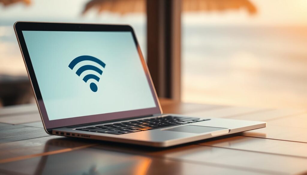 A sleek, modern-looking laptop or mobile device resting on a wooden table, with a prominent Wi-Fi symbol or icon displayed on the screen. The device is surrounded by a soft, subtle glow, creating an atmosphere of security and connectivity. The background is slightly blurred, with hints of a beach or vacation setting visible, suggesting the importance of public Wi-Fi safety while traveling. The lighting is warm and inviting, conveying a sense of confidence in the device's security measures. The overall composition highlights the need to update devices before connecting to public networks while on the go.
