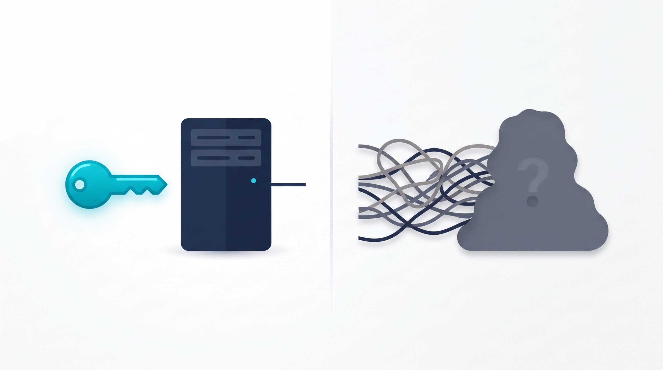 A cyan key connecting cleanly to a navy server on one side, contrasted with tangled cables leading into a shadowy question-mark silhouette on the other, representing trusted AI connectors versus unknown third-party tools.