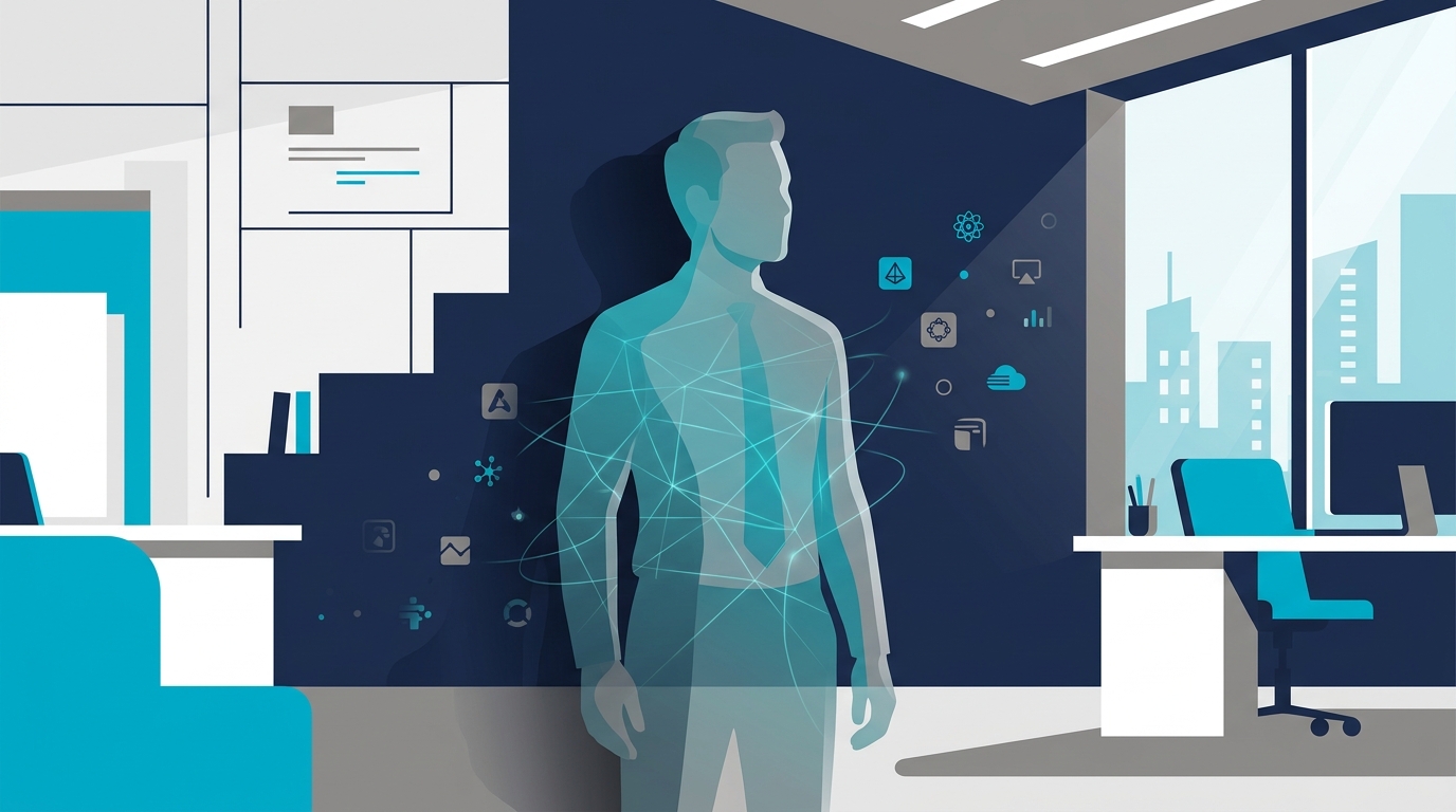Translucent silhouette of an office worker overlaid with glowing network connections and app icons drifting into the shadows, representing shadow AI use inside a business