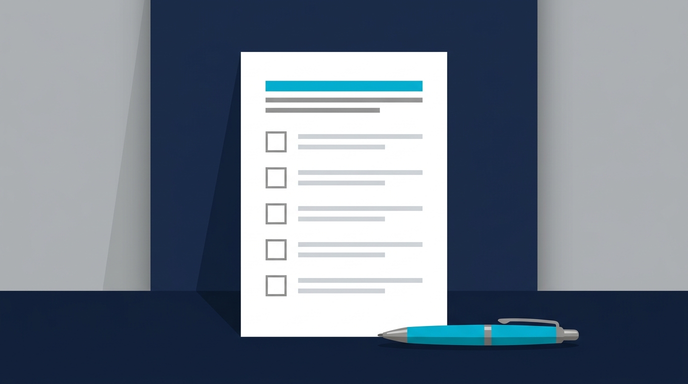 A single one-page policy document with a checklist and a pen resting beside it, representing a short editable AI use policy template