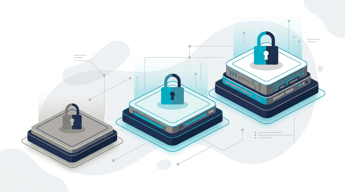 Three platform tiers of increasing size and elevation, each topped with a padlock, representing free, business, and enterprise AI account levels