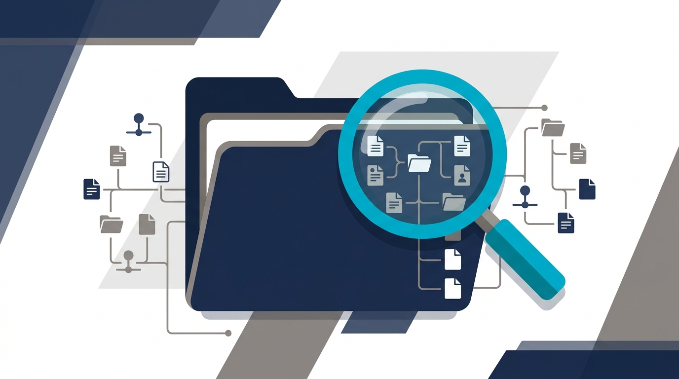 A folder icon with a magnifying glass revealing a hidden network of connected file icons behind it, representing unseen SharePoint permissions