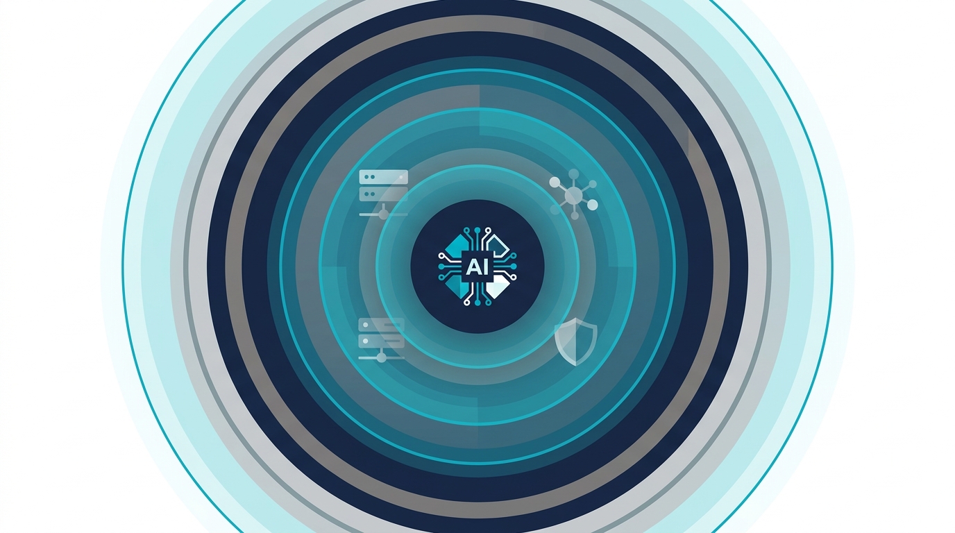 A central AI agent icon surrounded by concentric expanding circles representing the blast radius of an AI agent's potential impact