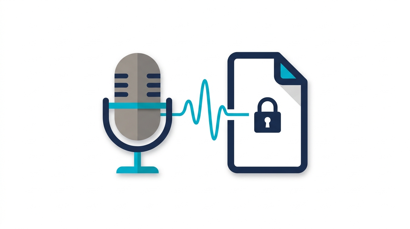 A microphone connected by a waveform to a locked document, representing recorded meetings and the confidentiality questions AI notetakers raise