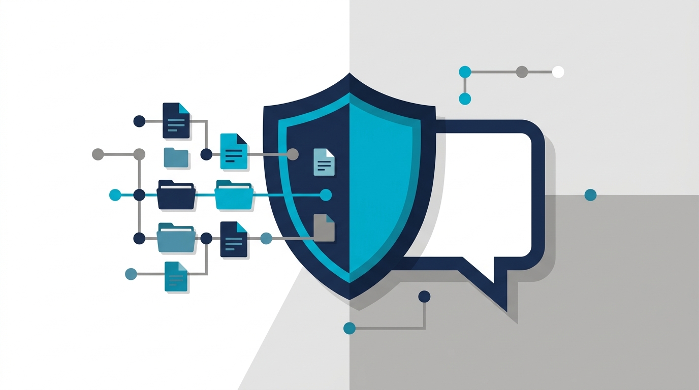 A shield blocking a stream of document and folder icons from flowing into a chat bubble, representing sensitive information kept out of an AI tool