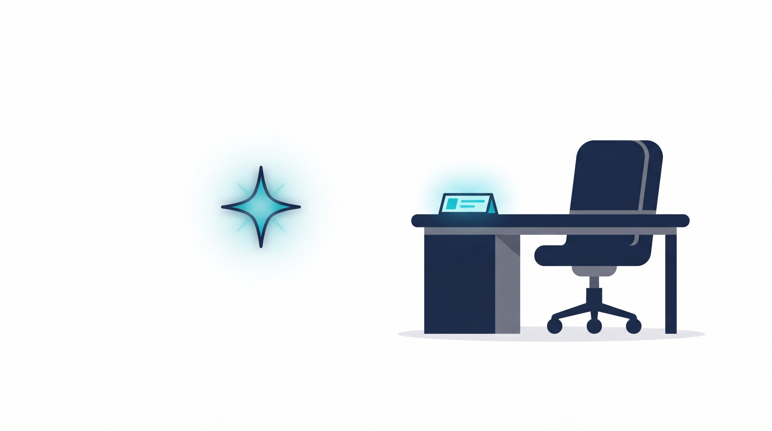 An empty office desk and chair with a glowing nameplate waiting, and a spark of light approaching, representing AI as a new hire waiting to be onboarded.