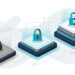 Three platform tiers of increasing size and elevation, each topped with a padlock, representing free, business, and enterprise AI account levels