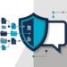 A shield blocking a stream of document and folder icons from flowing into a chat bubble, representing sensitive information kept out of an AI tool