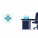An empty office desk and chair with a glowing nameplate waiting, and a spark of light approaching, representing AI as a new hire waiting to be onboarded.